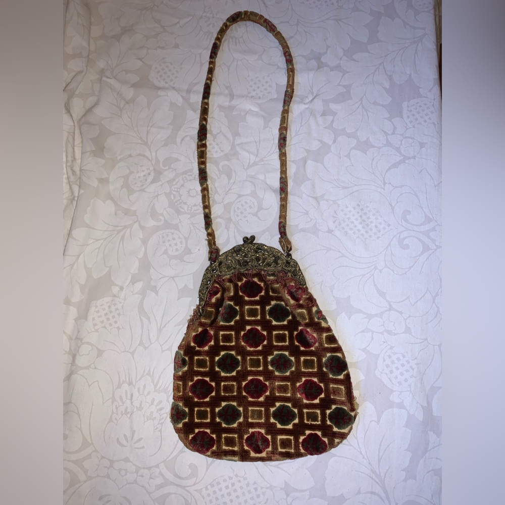 Vintage Velvet brocade purse brass victorian ornate clasp Walborg Italy